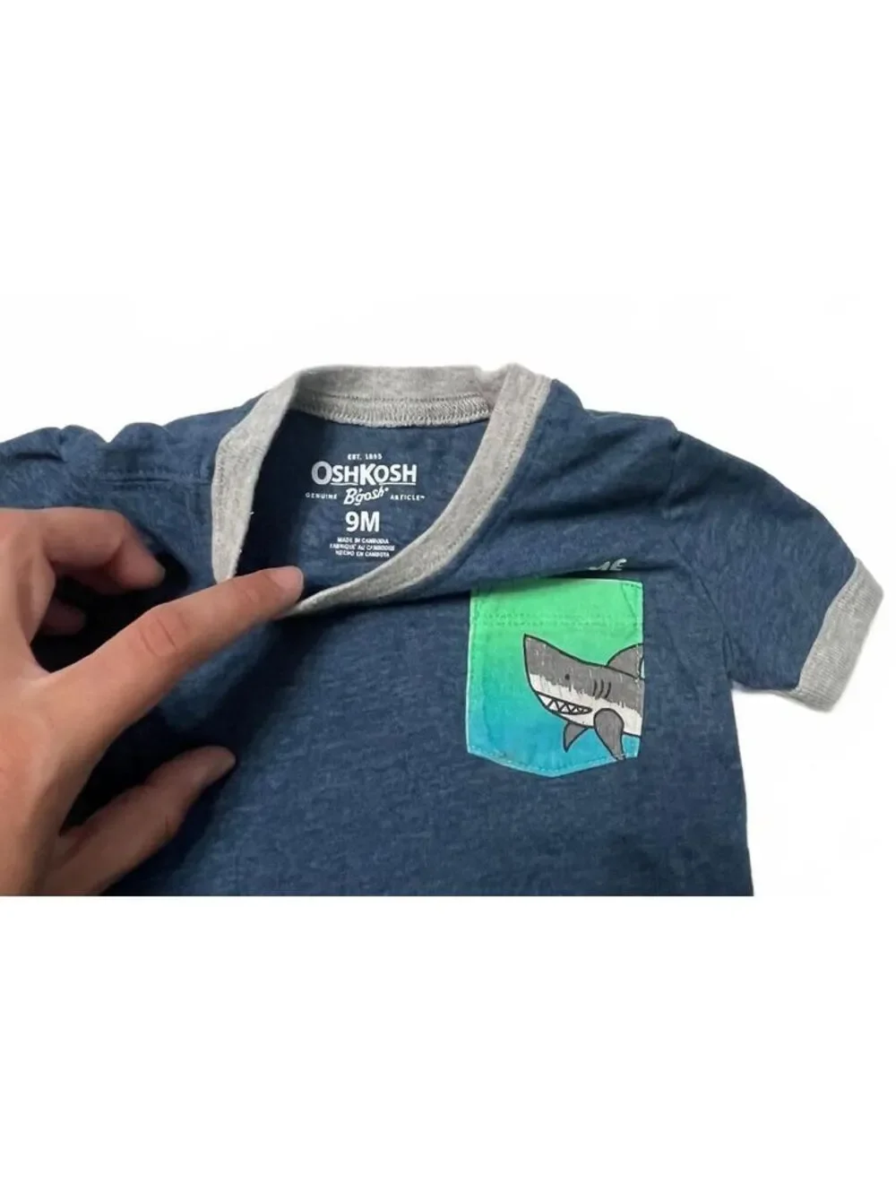 OshKosh B'gosh Boys Jawsome Shark Pocket Tee Navy Gray Ringer Size 9M Shirt